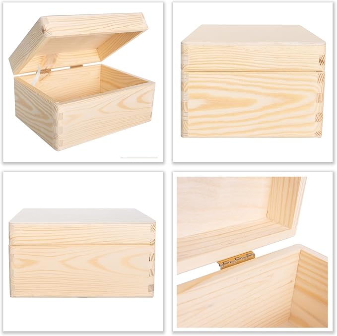 Large Plain Wooden Storage Box with Lid | 7.67x5.90x3.93in (+/-0.39in) | Hinged Lid | Unpainted Gift Box Kitchen Storage | Rough & UNSANDED Wood Keepsake Memory Craft Chest