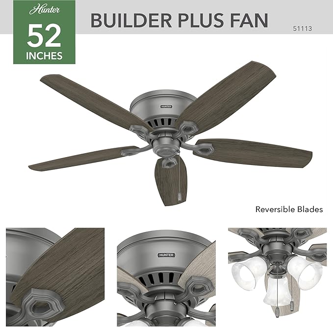 Hunter 52 inch Indoor Ceiling Fan with LED Lights - Ceiling Fan with Pull Chain, For Bedroom, Living Room, or Kitchen, Low Profile Mount, No Remote, 5 Blades - Builder 51113, Matte Silver