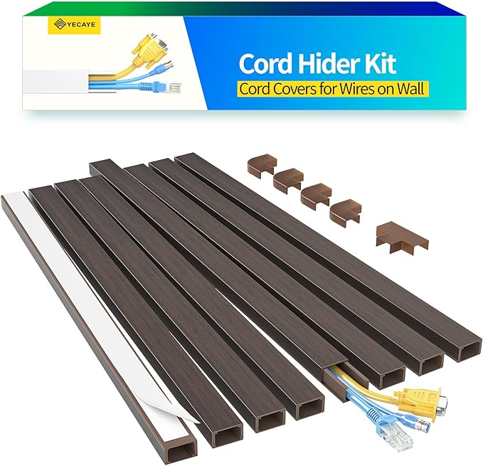 Yecaye Cord Hider, 113in Medium Cord Covers for Wires on Wall, Cord Organizer for 2-3 Wires, Easy Install Cable Management Kit, TV Cable Hider for Home Office, W0.95in H0.55in, Darkwood
