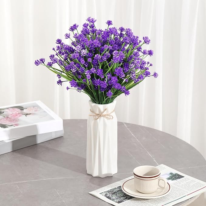 Hoteam 50 Bundles Outdoor Artificial Flowers Plants Uv Resistant Outside Faux Flowers Plastic Fake Plants Outdoor Summer Fall Seasons Decoration Shrubs Garden Porch Box, Purple