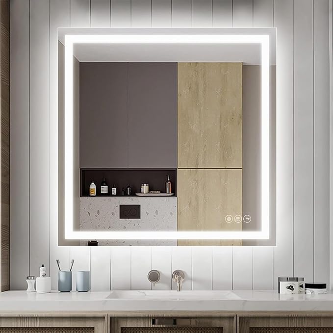 Wall-Mounted LED Square Bathroom Mirror, Makeup Mirror (36 inches x 36 inches,) 3 Color Dimming Bathroom Vanity Mirror with Lights Smart Mirror with Touch