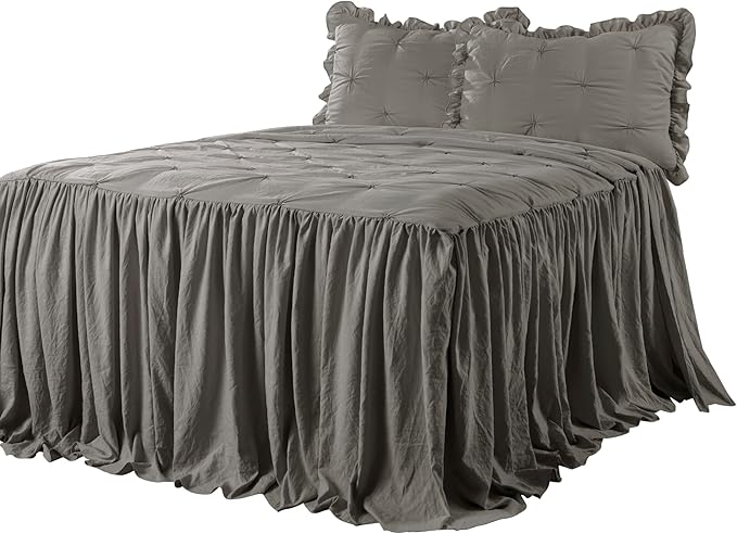 Lush Decor Ravello Pintuck Ruffle Skirt Bedspread Set - Luxe 3 Piece Ruffled Bedding Set - Traditional Glam & Farmhouse Inspired Bedroom Decor - King, Dark Gray