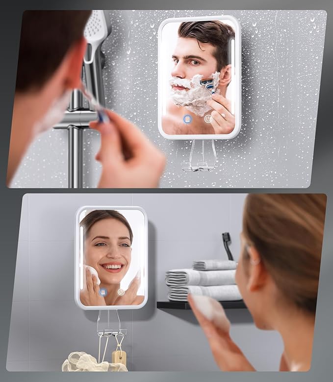 Gospire Heated Shower Mirror Fogless for Shaving with Light, 5000mAh Rechargeable Battery, Detachable Suction Cup and Razor Holder for Wall, NO-Drilling, Removable, Waterproof for Bathroom - White