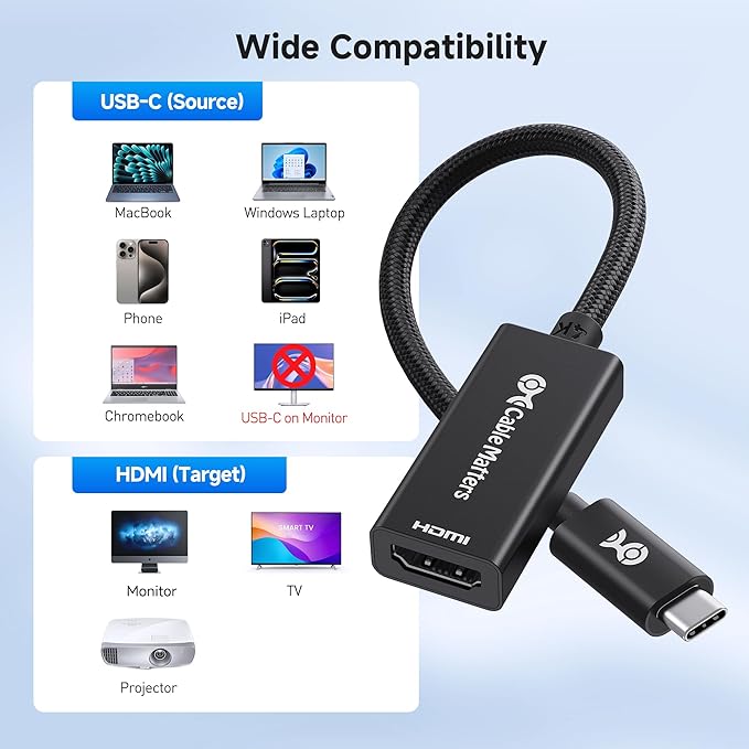 Cable Matters Aluminum USB C to HDMI Adapter, 4K@60Hz, 1440p@144Hz, HDR, 4K USB Type C to HDMI Adapter for iPhone 17/16, MacBook, Tablet, TV & Monitor