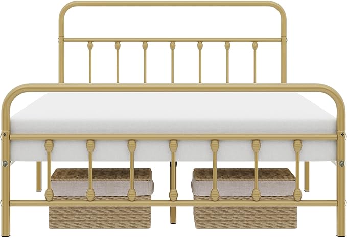 Yaheetech Classic Metal Platform Bed Frame Mattress Foundation with Victorian Style Iron-Art Headboard/Footboard/Under Bed Storage/No Box Spring Needed/Queen Size Antique Gold