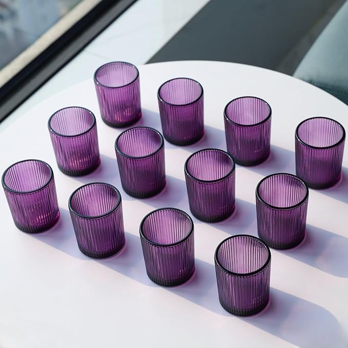 VOHO 12pcs Purple Votive Candle Holders for Christmas Holiday Decorations, Vintage Glass Votive Candle Holder for Coffee Table Centerpiece, Ribbed Tealight Candle Holder for Birthday Gifts
