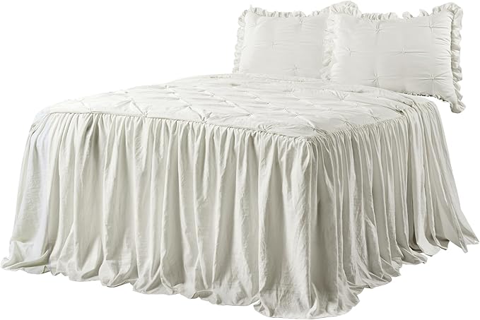 Lush Decor Ravello Pintuck Ruffle Skirt Bedspread Set - Luxe 3 Piece Ruffled Bedding Set - Traditional Glam & Farmhouse Inspired Bedroom Decor - King, White