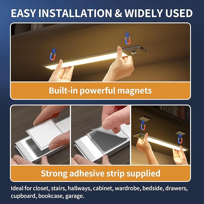 Under Cabinet Lights,76 LED Operated Motion Sensor Light Indoor,1500mAh USB Rechargeable Closet Lights, 4 Pack Magnetic Dimmable Closet Lights,Wireless Under Counter Lights for Kitchen, Stairs