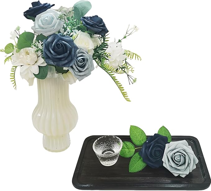 Artificial Fake Flowers 25pcs Roses, Shade of Blue Foam Rose Faux Flower for DIY Wedding Bouquets Bridal Shower Centerpieces Floral Arrangements Party Tables Home Decorations
