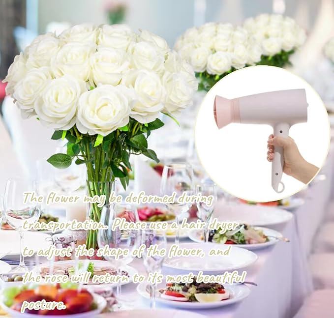 Ouddy Decor 20 Pcs Red Roses Artificial Silk Flowers Fake Roses Bouquet with Long Stems for Valentines Day Decor Wedding Home Party Table Centerpieces Bridal Bouquet DIY Floral Arrangment, White