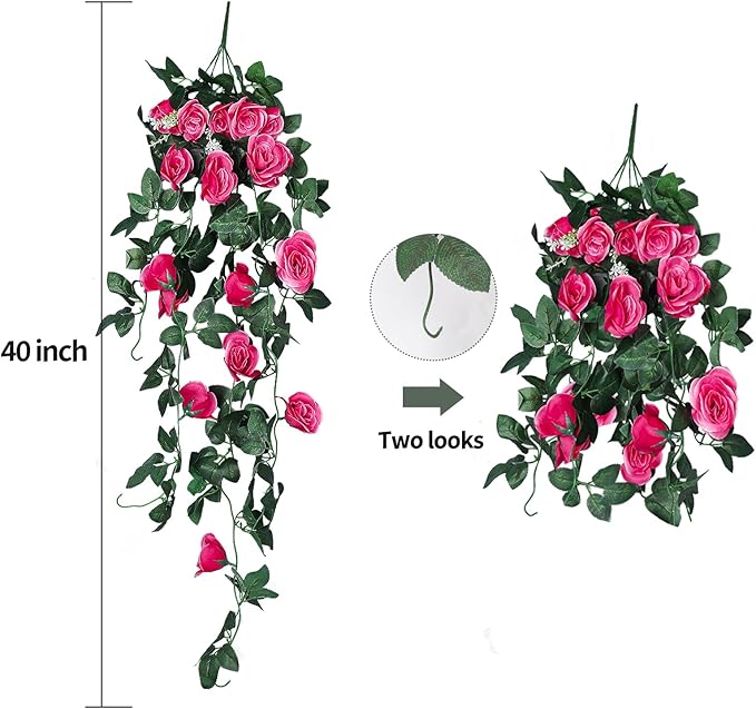 RECUTMS 4 Pack Artificial Plants Fake Hanging Flowers Faux Ivy Vines with LED Fairy Lights Plastic Outdoor UV Resistant for Home Window Garden Office Patio (Rose red)
