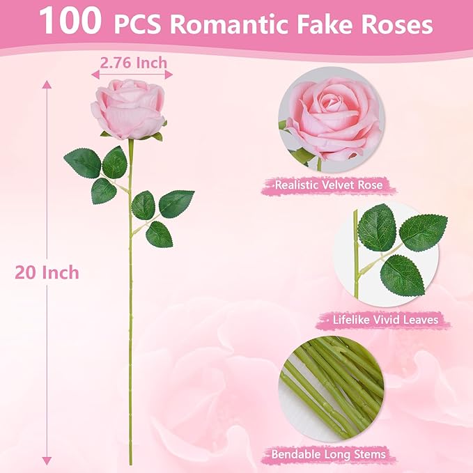 BLEUM CADE 100 Pcs Pink Roses Artificial Flowers, Real Touch Velvet Roses Fake Flowers Bulk, Artificial Roses Bouquet with Long Stems Bridal DIY Wedding Party Centerpiece Decorations