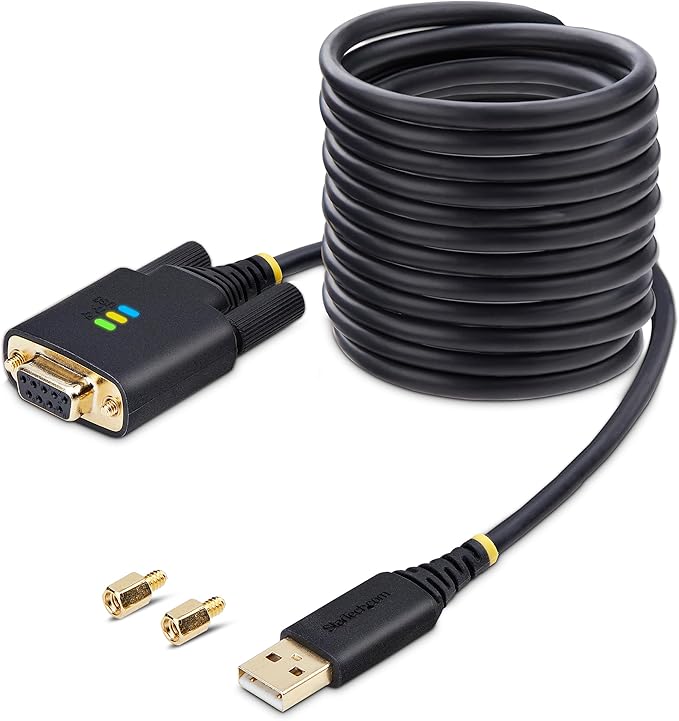 StarTech 10ft (3m) USB to Null Modem Serial Adapter Cable, COM Retention, FTDI, USB-A to RS232, LED Indicators, Changeable DB9 Screws Nuts