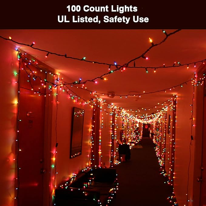ODEETRONIC Multicolor Christmas Lights, 21.63ft 100 Count Incandescent holiday Lights Connectable, 120V UL Certified Mini Christmas Tree Light for Xmas, Party, House Indoor & Outdoor Decor, Green Wire