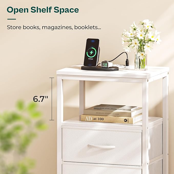 Huuger Night Stand with Charging Station, Multiple Drawer Dresser for Bedroom, Bedside Table, Tall Nightstand with PU Leather Finish, Open Shelf, End Table, for Closet, Entryway, Bedroom, White