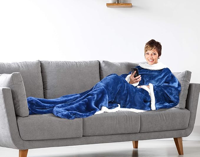 Catalonia Sherpa Wearable Blanket with Sleeves & Foot Pockets for Adult Women Men, Comfy Snuggly Wrap Sleeved Throw Blanket Robe, Gift Idea, Blue