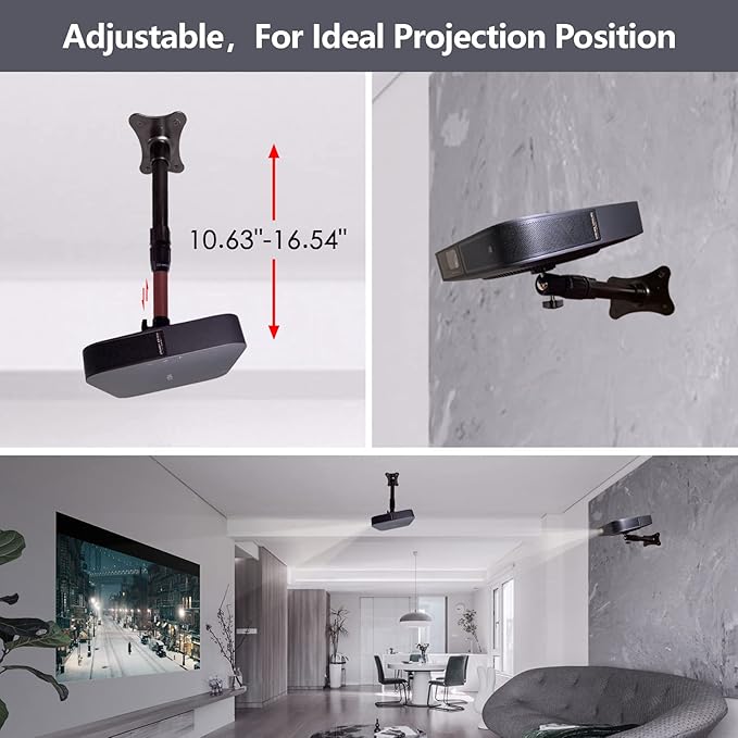 Mini Projector Ceiling Wall Mount Adjustable Height 10.6 to 16.5 inches with 360°Rotatable 11 Lbs Load Small Projector Holder 1/4 inch Mounting Bracket Hanger Stand