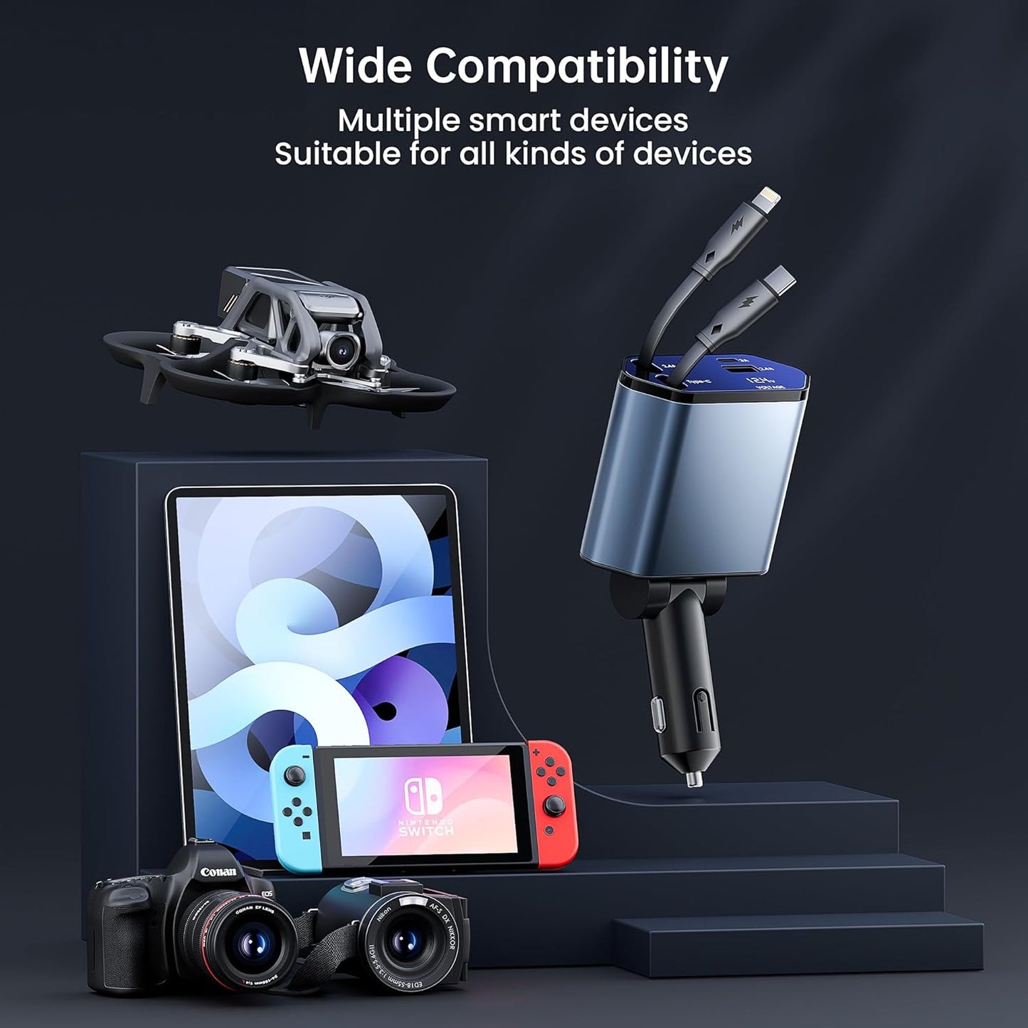 GUSGU 100W Retractable Car Charger, 4-in-1 Fast Charger with 2.6ft Cord, Lightning and USB-C Adapters