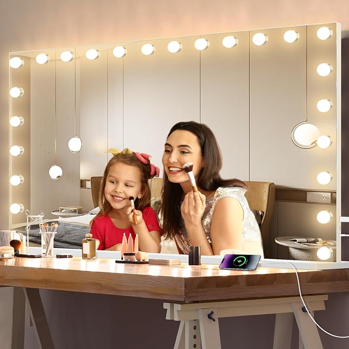 Hollywood Vanity Mirror with Lights, 24 Dimmable Bulbs, 3 Color Lights,Make Up Lighted Mirror, Aluminum Metal Frame, USB Charging Port(48" x 30")