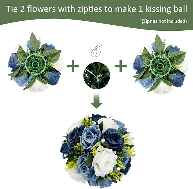 10Pcs Fake Flower Ball Arrangement Bouquet, 9.5" 15 Heads Plastic Roses with Base,Suitable for Parties Valentine's Day Wedding Centerpiece Flower Rack and Home Décor (Dusty Blue & White)