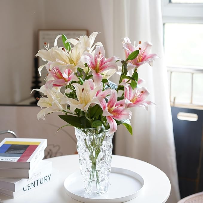 ASTRYAS 18 Heads Artifical Lily Flowers, Pink Artificial Stargazer Lilies with 18 Heads Full Bloom Lily & 6 Buds-Faux Lilies Flowers for Home Hotel Flower Arrangement Party Decor Cemetery(2PCS, Pink