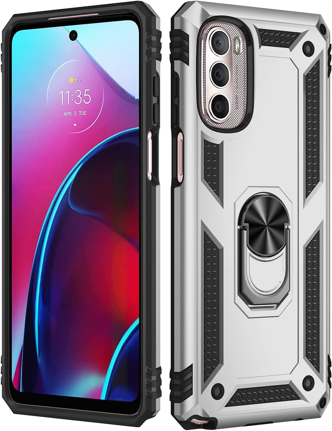 Military Grade Shockproof Case for Motorola Moto G Stylus 5G 2022, 360 Metal Rotating Ring Kickstand Holder (Silver)