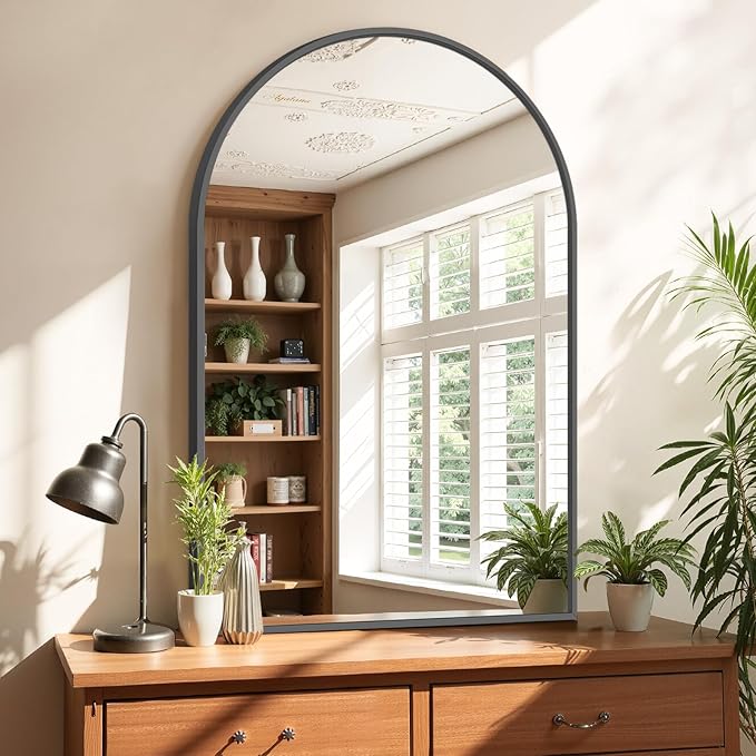 Sweetcrispy Arched Bathroom Mirror 38x26 Inch Black Metal Framed Arch Vanity Mirror for Wall, Over Sink, Farmhouse, Restroom, Anti-Rust, Modern Decorative, Hanging or Leaning