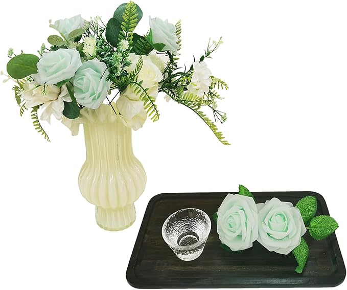 Artificial Fake Flowers 25pcs Roses, Light Green Foam Rose Faux Flower for DIY Wedding Bouquets Bridal Shower Centerpieces Floral Arrangements Party Table Home Decorations