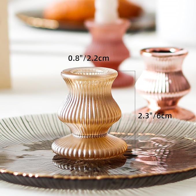 WDHODEC Pink Gold Candlestick Holders 12PCS Glass Taper Candle Holders for Table Centerpiece Colorful Candle Sticks for Spring Wedding, Party and Festival Decoration