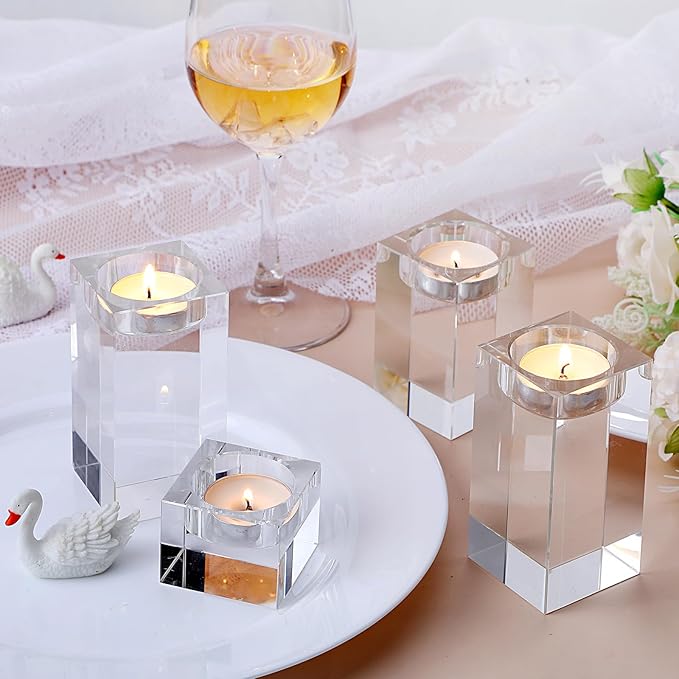 12 Pcs Crystal Tea Light Candle Holders Glass Votive Candle Stands Square Candlestick Holders for Wedding Dining Living Room Centerpiece Decorations, 1.57", 3.15", 3.94"
