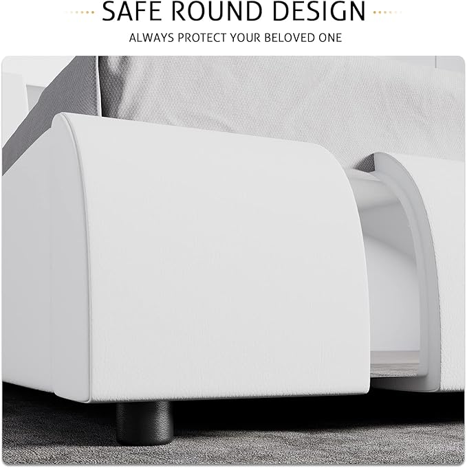 SHA CERLIN King Size Bed Frame with Iron Pieces Decor and Adjustable Headboard/Deluxe Upholstered Modern Platform Bed with Solid Wooden Slats Support/No Box Spring Needed, White