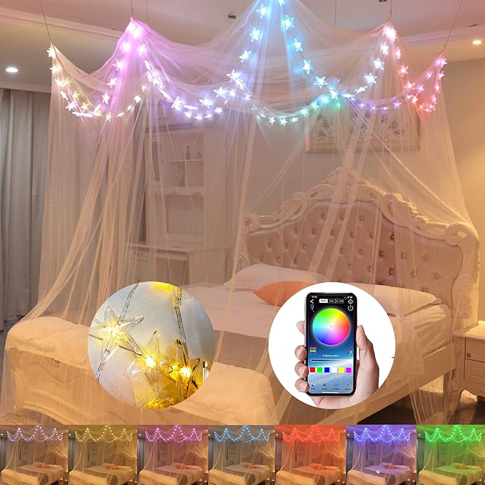 Comtelek Bed Canopy with LED Star Lights, Canopy Bed Curtain with RGB Color Changing String Lights with Smart App Control Remote for Princess Girls Bedroom, Suggested for Twin Full Queen King Bed