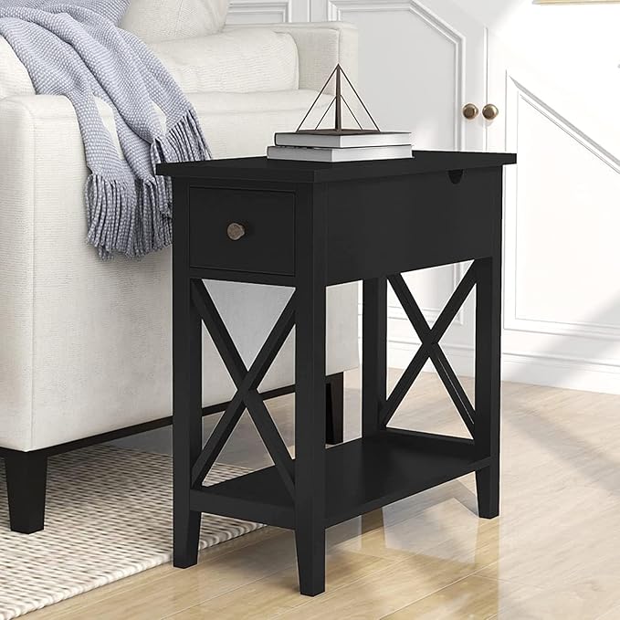 ChooChoo End Table Set of 2, Flip Top Narrow End Table with Drawer, Accent Small Side Table Nightstand for Living Room, Bedroom, and Small Spaces,Blcak
