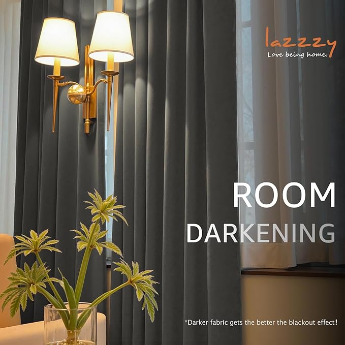 Lazzzy Velvet Blackout Curtains Thermal Insulated Room Window Drapes Super Soft Luxury Curtains for Living Room Bedroom Rod Pocket 2 Panels, Grey, 42" W x 72" L