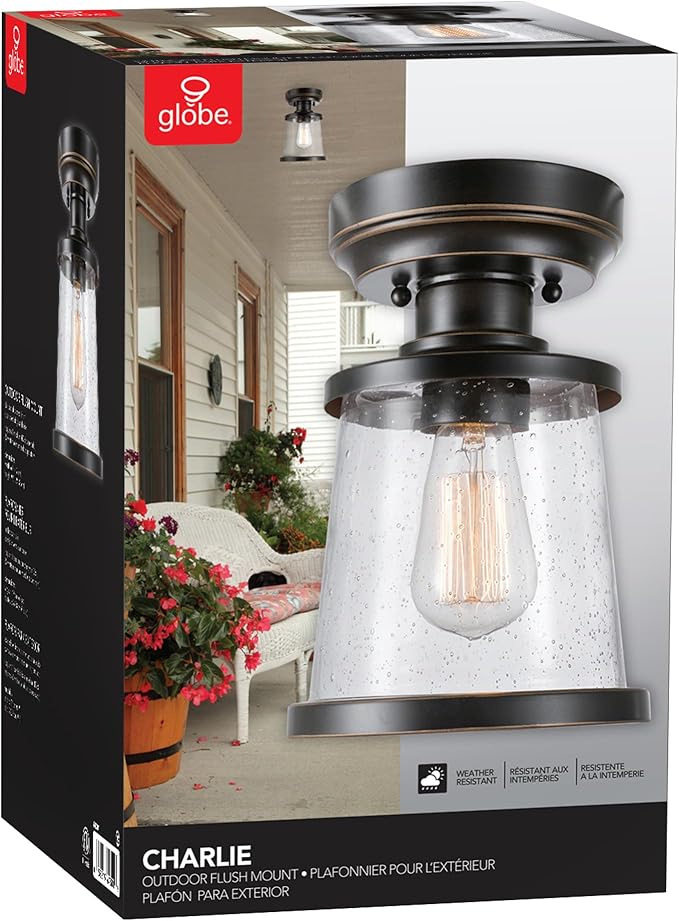 GLOBE Electric 44301 Charlie 1-Light Outdoor/Indoor Semi-Flush Mount Ceiling Light, Oil Rubbed Bronze, Clear Seeded Glass Shade, Bulb Not Included