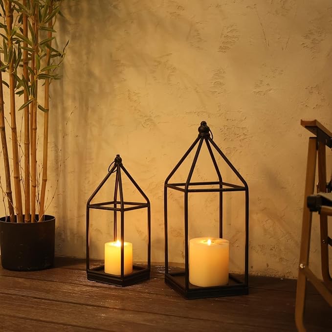 DECORKEY Luxury Lantern Decorative Outdoor&Indoor, Set of 2 (18’’&14’’) Black Metal Lanterns Decor, Vintage Hanging Candle Holder for Home Porch Wedding Centerpiece,Halloween Christmas Decorations