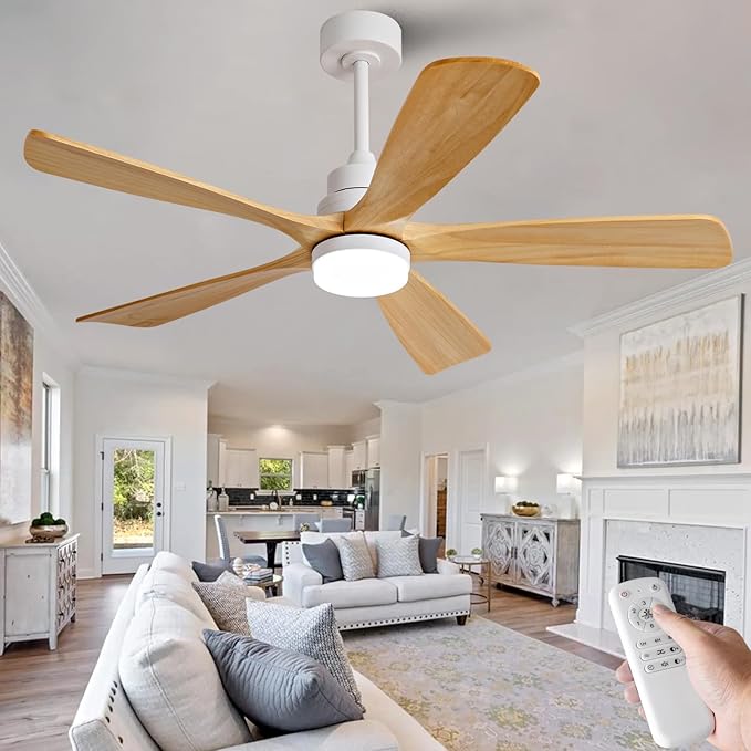 52 Inch Outdoor Ceiling Fans with Lights and Remote Control, Dimmable 5 Blade Wood Outdoor Ceiling Fans for Patios, White Natural Wood Bedroom Ceiling Fan with Lights, Noiseless DC Motor