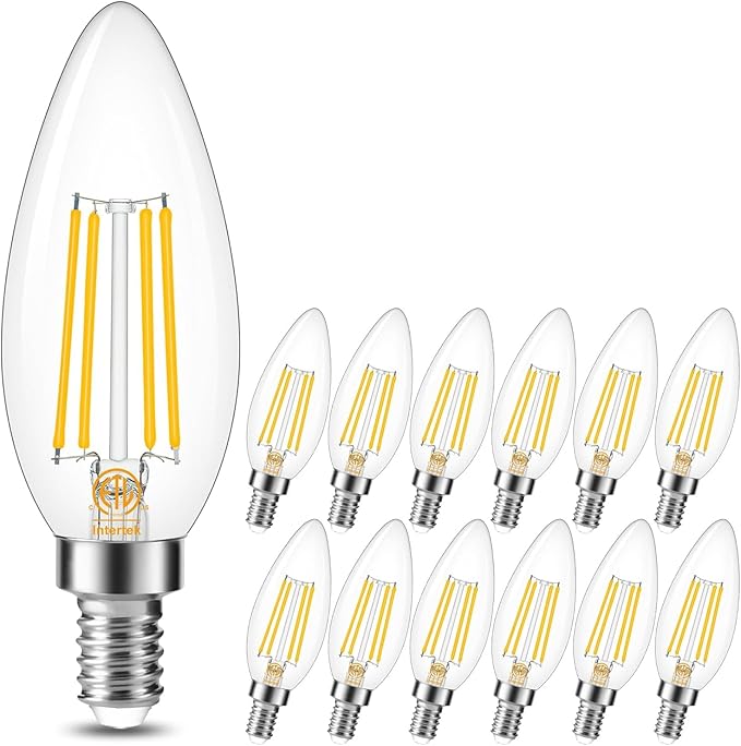 Cotanic E12 LED Bulb Dimmable 3000K Soft White, LED Candelabra Bulbs 60Watt Equivalent, Small Base Type B Light Bulbs, Candle Shape Chandelier Light Bulbs Clear Glass, 600LM, 12 Pack