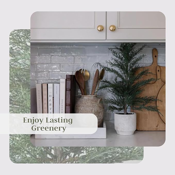 CG Hunter Holiday Collection, Set-of-2 Faux Cedar Trees, Premium Artificial Indoor & Outdoor Cedar Tree Stands 24" Tall in Creme Pot–Perfect Christmas Decoration