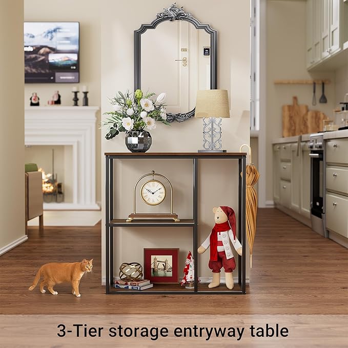 WOHOMO Console Table, Small Entryway Table with Storage Shelves 12'' Narrow Sofa Table Modern Hallway Table for Living Room 31.5" x12''x31.5'' Walnut