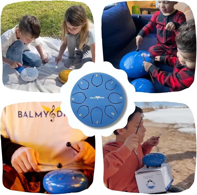 The Balmy Drum - 8 Note 6 Inch Steel Tongue Drum, Steel Drum Instrument, Drums For Children and Adults, Balmy Drum Set for Kids with Music Book, Handpan, Mallet and Carry Bag (Blue)