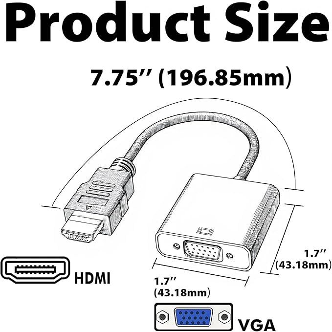 VGA to HDMI Adapter Cable – Uni-Directional 1080P HDMI to VGA Converter for PC, Laptop, Xbox, Roku, TV Box – Gold-Plated, Plug & Play, Monitor Compatible