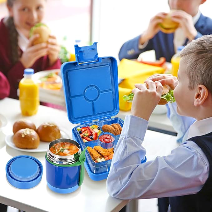 Bento Lunch Box Set With 10oz Soup Thermo, Leak-proof Lunch Containers with 4 Compartment, Kids Hot Thermo Food Jar/Insulation Lunch Bag, Food Containers for School (Blue)