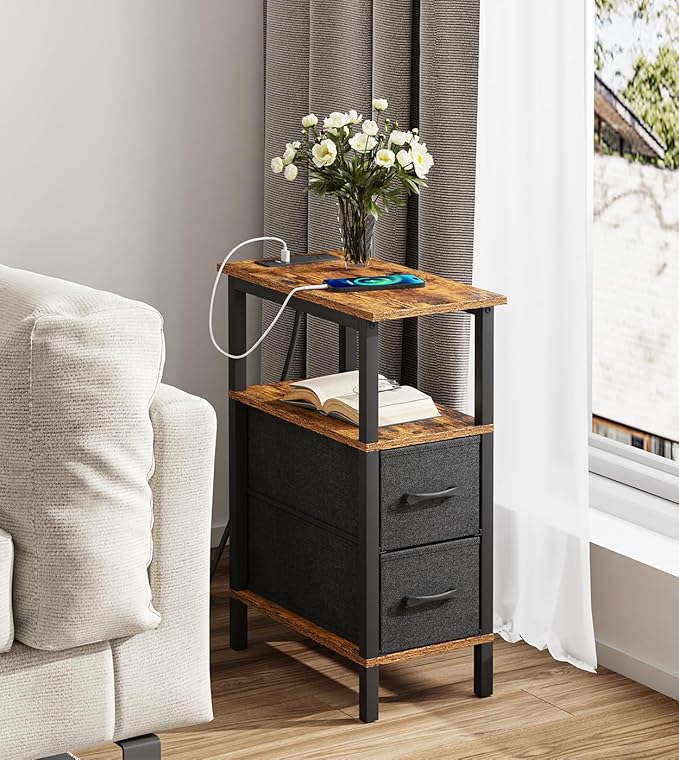 Narrow Side Table for Small Spaces, Skinny End Table with Charging Station, Sofa Beside Table with 2 Drawers 1 Open Compartment, Slim Nightstand with USB Ports Outlet, Rustic and Brown UTBT004F