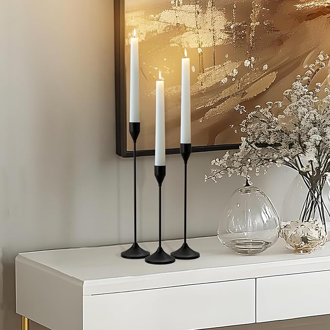 Brass Black Metal Taper Candle Holder, Vintage Candlestick Holders, Candle Sticks Holder Decor for Wedding Wedding, Dinning, Party, Fits 3/4 inch Thick Candle&Led Candles (Set of 3 Pcs)