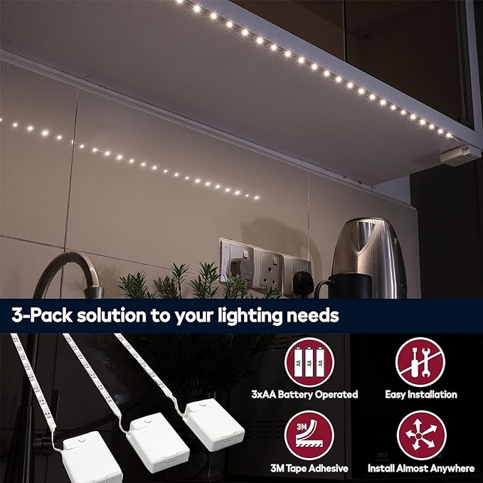 Battery Powered LED Strip Lights, Wireless LED Strip Lights 40 inch x 3 Pack for Kitchen Under Cabinet Lighting, Shelves, Under Counter, Closet, Cordless Click Light, Neutral White 4000K