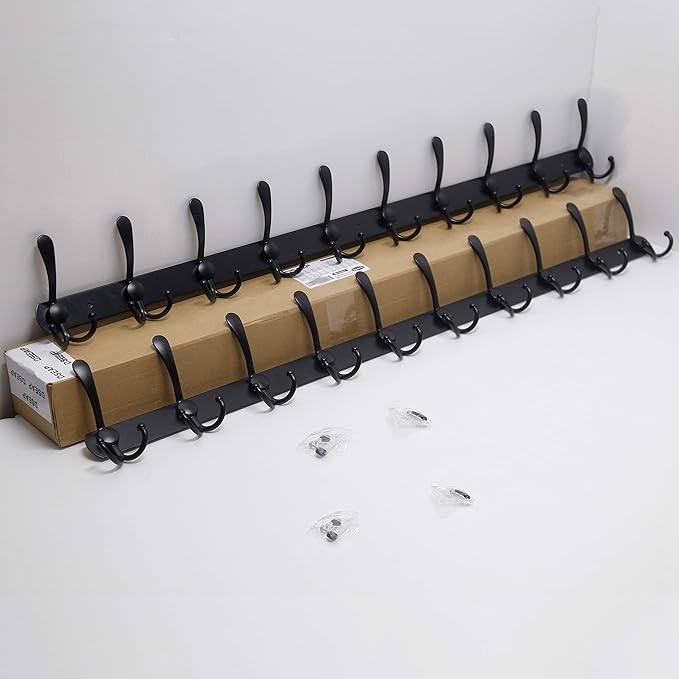 Dseap Coat Rack Wall Mount - 38” Long 10-Tri-Hooks Heavy Duty Coat Hanger Rail Wall Hooks for Hanging Coats Hats Clothing Clothes Purse Mudroom Entryway, Black, Pack of 2