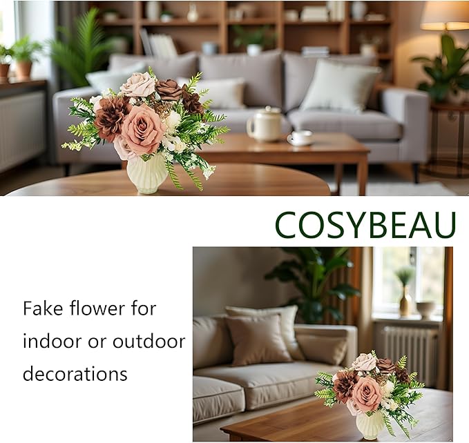 Artificial Fake Flowers 20pcs Roses, Mixed Coffee Brown Faux Flower for DIY Wedding Bouquet Bridal Shower Centerpieces Floral Arrangements Party Table Home Decorations