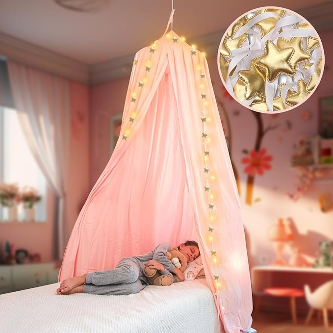 Bollepo Bed Canopy with Lights - Pink Princess Canopy for Girls Room | Single, Twin, Full, Queen | Kids Bed, Hanging Fairy Led Canopy