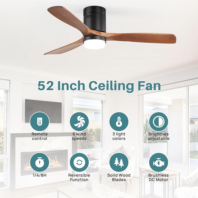 Sofucor 52 Inch Smart Ceiling Fans with Lights-Flush Mount Low Profile Modern Outdoor Solid Wood Ceiling Fans with Alexa/Google Assistant/APP/Remote Control for Bedroom/Farmhouse/Patio, Brown Black